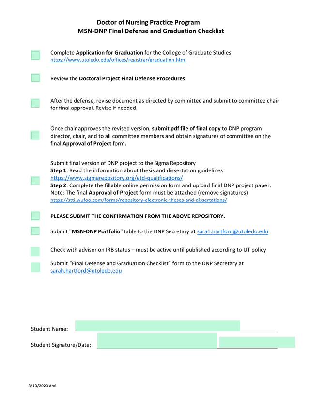 MSN DNP Final Defense And Graduation Checklist screenshot