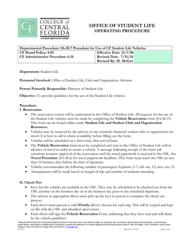 Procedure For Use Of CF Student Life Vehicles screenshot