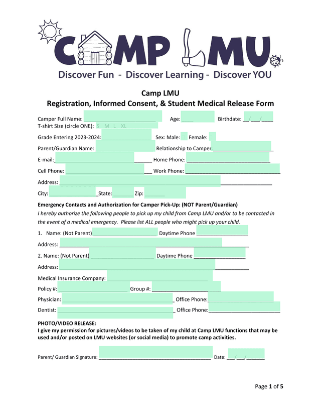 Camp LMU Registration, Informed Consent,  Student Medical Release Form screenshot