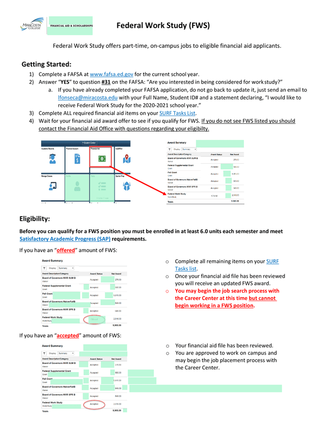 Federal Work Study (FWS) screenshot
