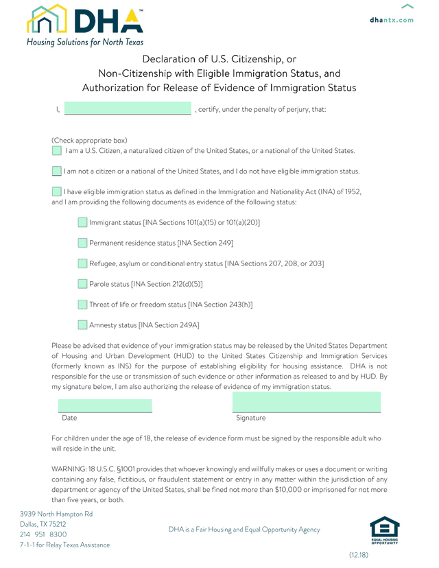 Declaration Of U.S. Citizenship, Or Non Citizenship With Eligible Immigration Status, And Authorizat screenshot