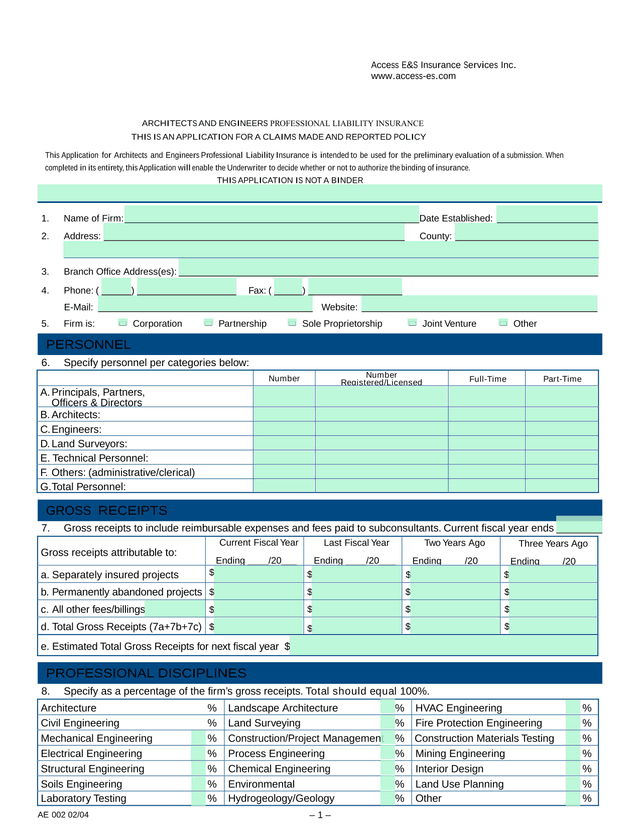 Architects And Engineers Professional Liability Insurance Application screenshot