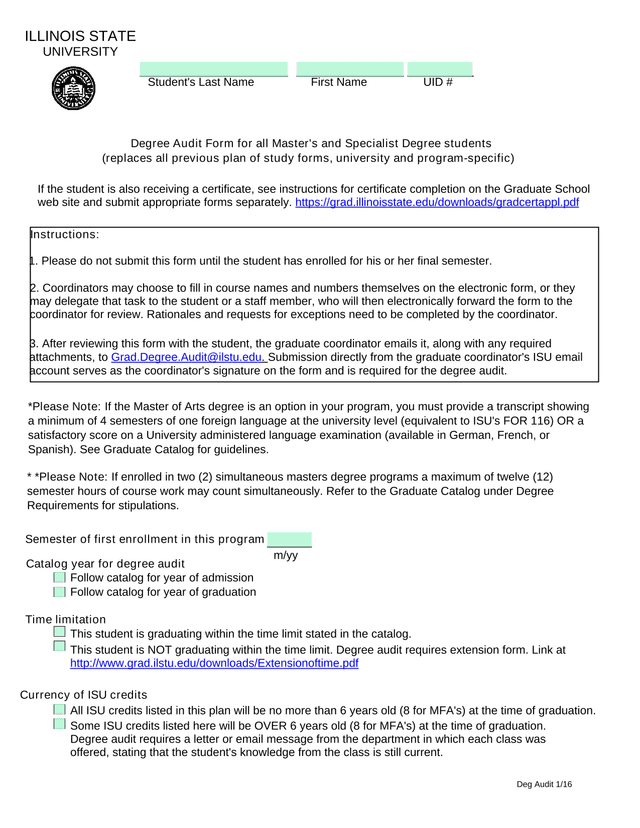Degree Audit Form For MasterS And Specialist Degree Students screenshot