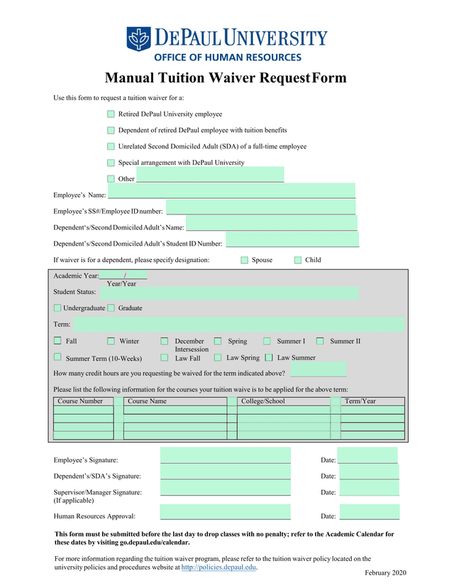 Manual Tuition Waiver Request Form screenshot