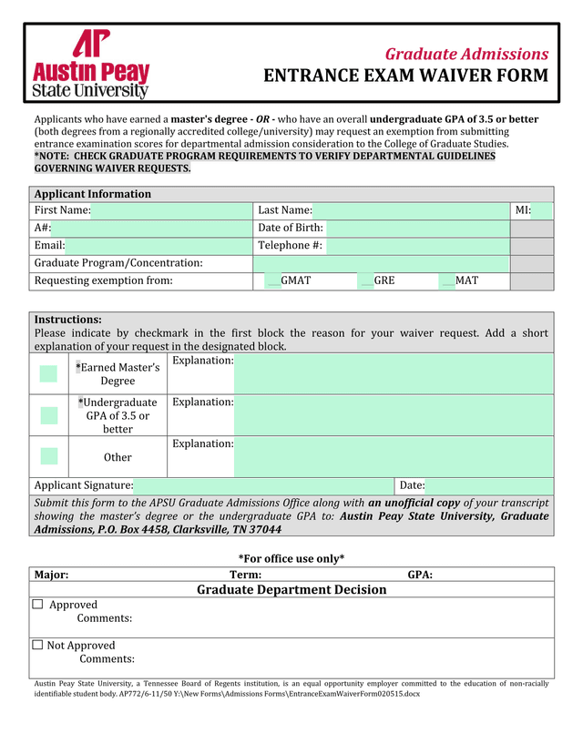 Graduate Admissions Entrance Exam Waiver Form screenshot