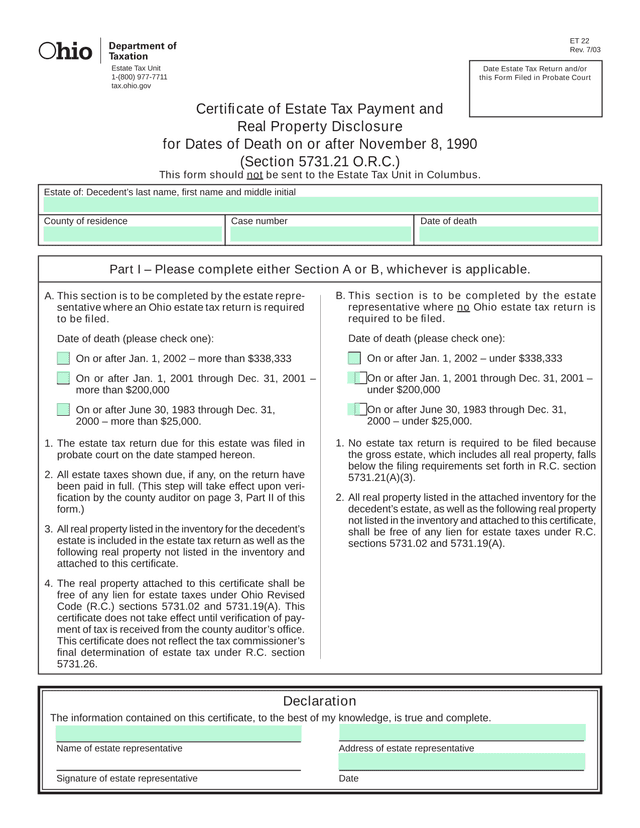 ET 22   Date Estate Tax Return AndOr Certificate Of Estate Tax Payment And Real Property Disclosure screenshot