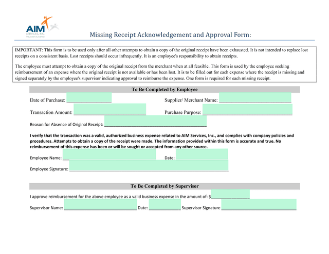 Missing Receipt Acknowledgement And Approval Form screenshot