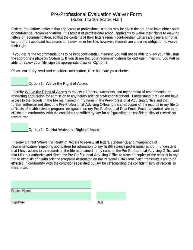 Pre Professional Evaluation Waiver Form screenshot