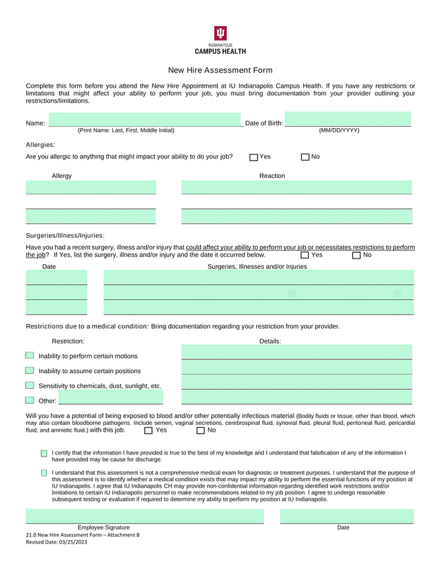 New Hire Assessment Form  Attachment B screenshot