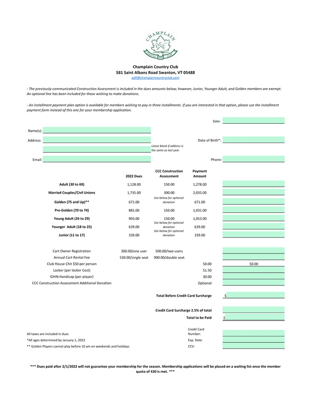 Champlain Country Club Membership Dues Form screenshot
