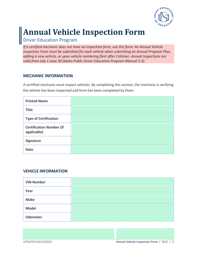 Annual Vehicle Inspection Form screenshot