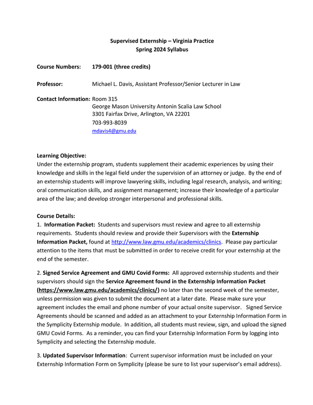 Supervised Externship  Virginia Practice Spring 2024 Syllabus screenshot