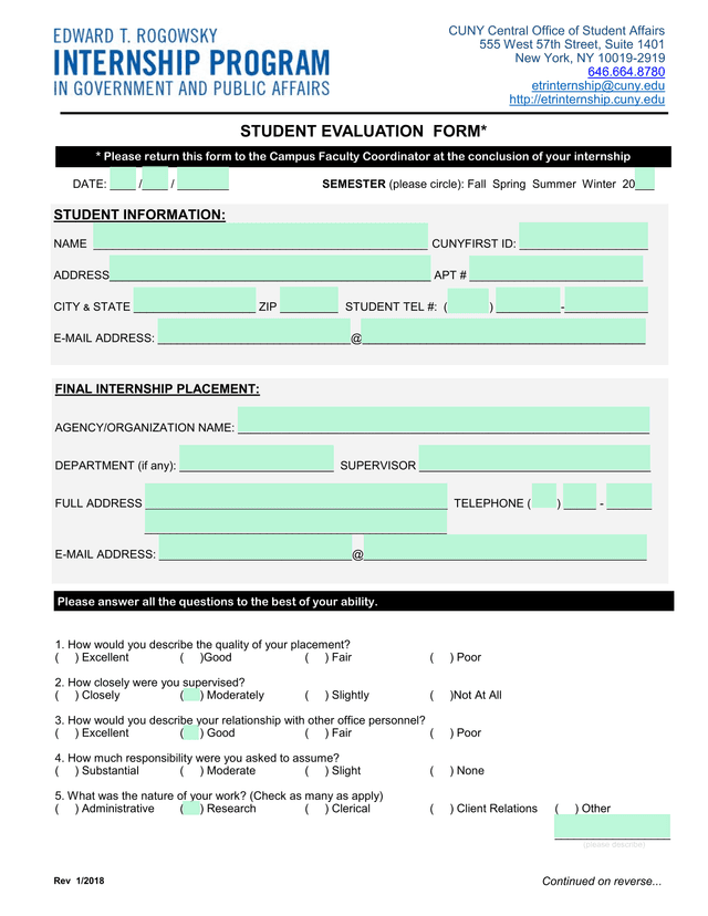 Student Evaluation Form screenshot
