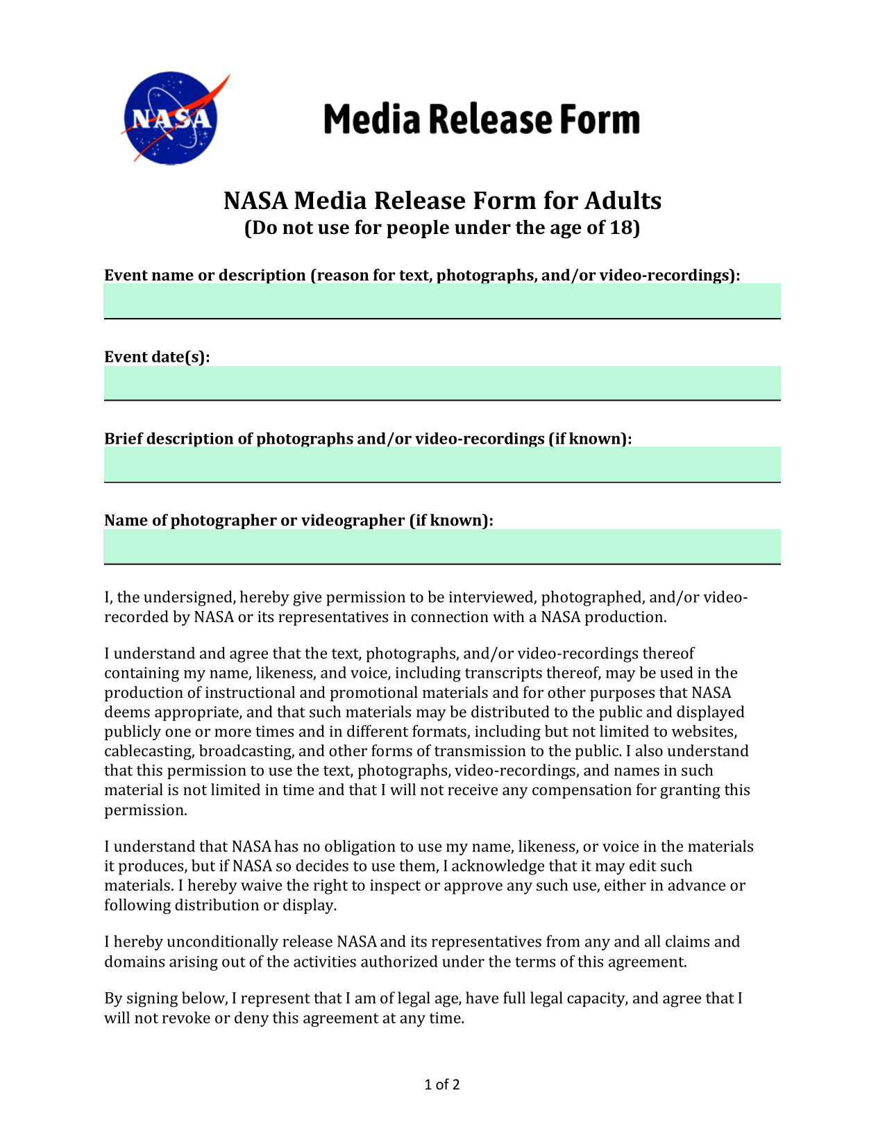 NASA Media Release Form For Adults screenshot