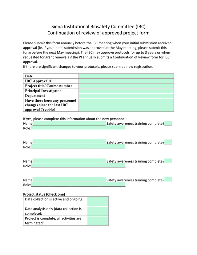 Continuation Of Review Of Approved Project Form screenshot
