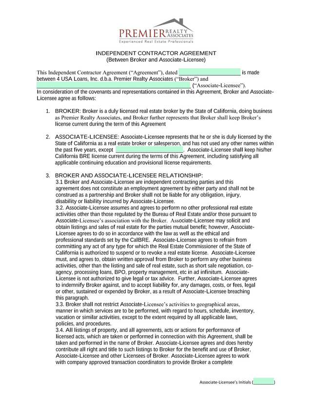 Independent Contractor Agreement (Between Broker And Associate Licensee) screenshot