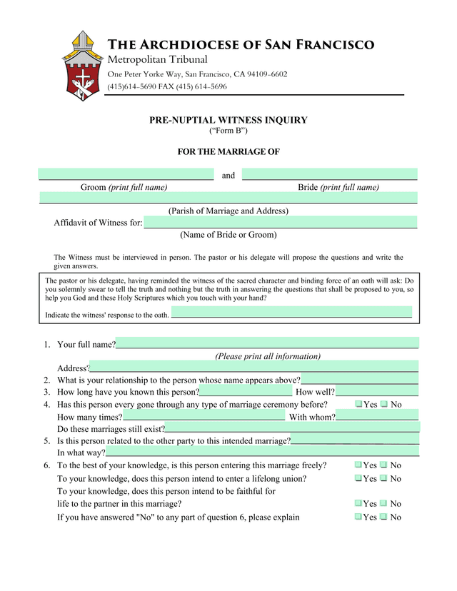 Pre Nuptial Witness Inquiry (Form B) screenshot