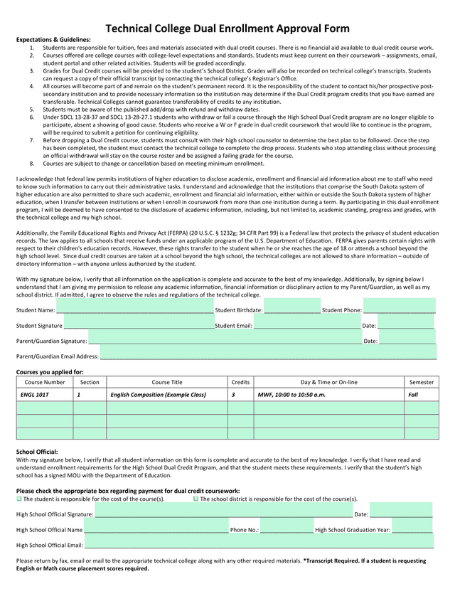 Technical College Dual Enrollment Approval Form screenshot