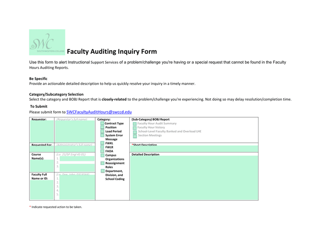 Faculty Auditing Inquiry Form screenshot