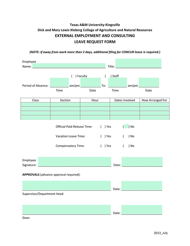 External Employment And Consulting Leave Request Form screenshot