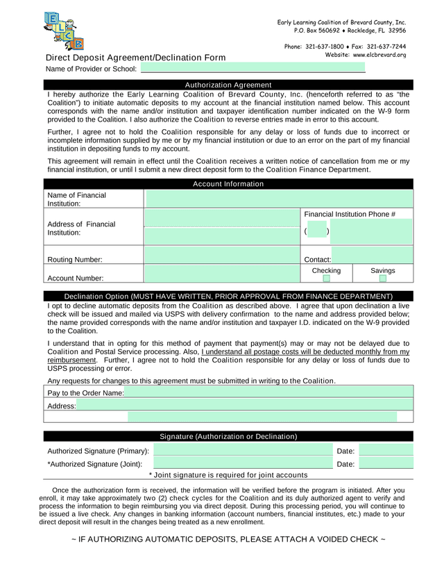 Direct Deposit AgreementDeclination Form screenshot