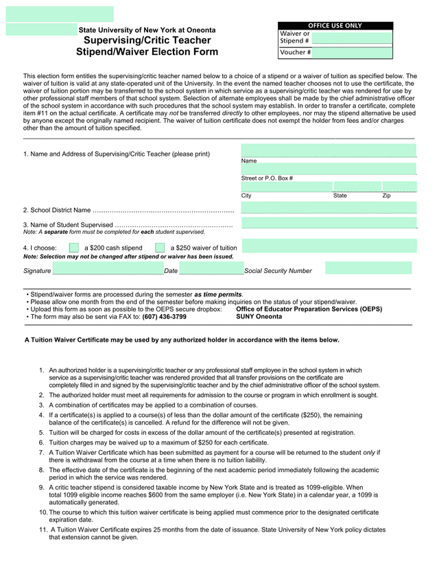 SupervisingCritic Teacher StipendWaiver Election Form screenshot