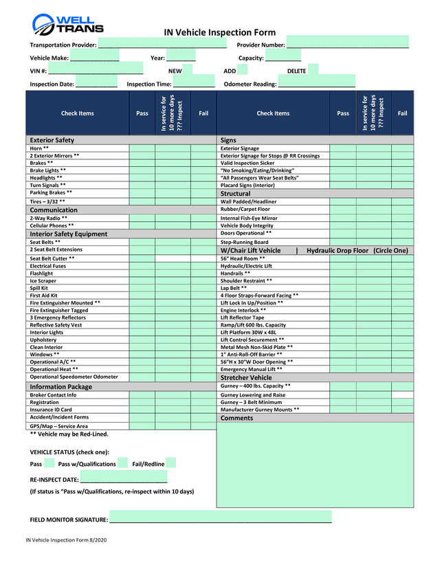 IN Vehicle Inspection Form screenshot