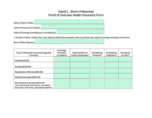 David L. Boren Fellowship Proof Of Overseas Health Insurance Form screenshot