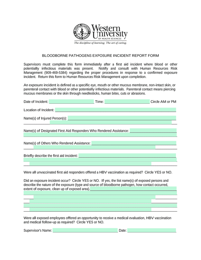 Bloodborne Pathogens Exposure Incident Report Form screenshot