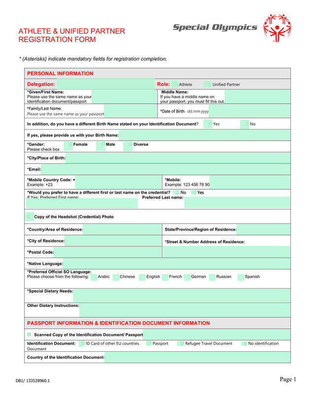 ATHLETE  UNIFIED PARTNER REGISTRATION FORM screenshot