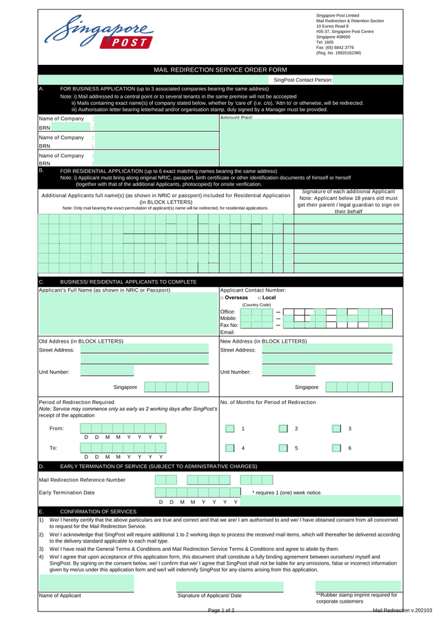 Mail Redirection Service Application Form screenshot