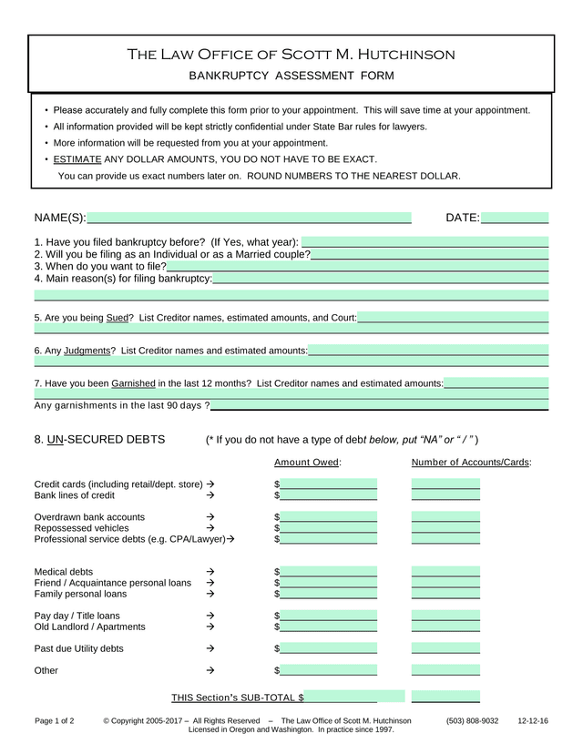 BANKRUPTCY ASSESSMENT FORM screenshot