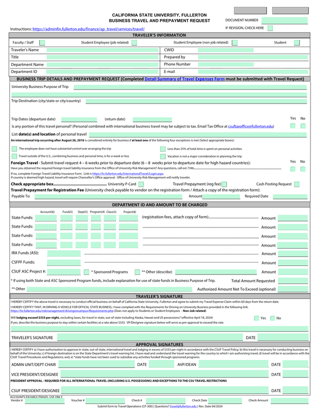 California State University, Fullerton Business Travel And Prepayment Request screenshot