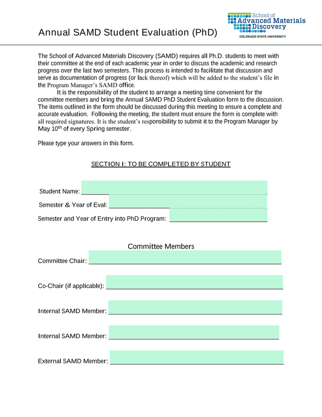 Annual SAMD Student Evaluation (PhD) screenshot