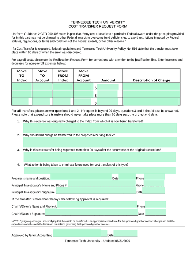 Tennessee Tech University Cost Transfer Request Form screenshot