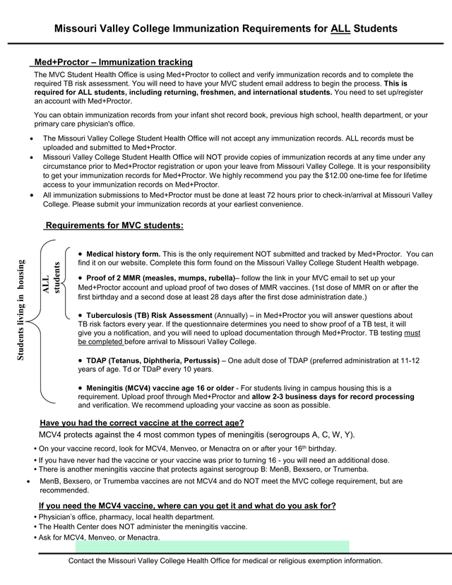 Missouri Valley College Immunization Requirements For ALL Students screenshot