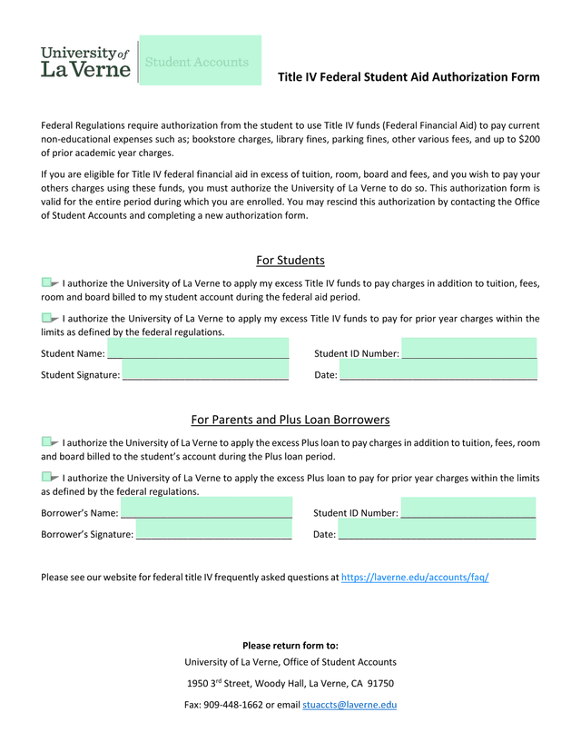 Title IV Federal Student Aid Authorization Form screenshot