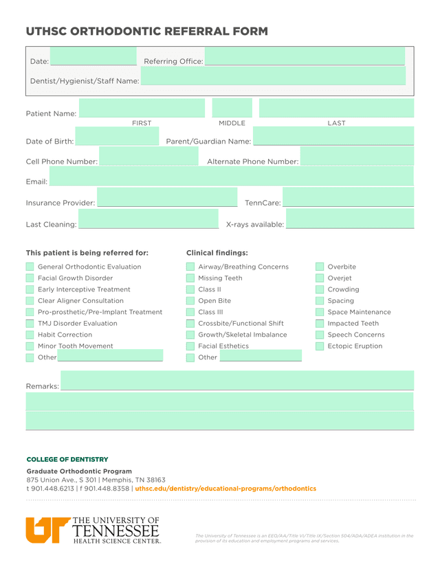 UTHSC Orthodontic Referral Form screenshot