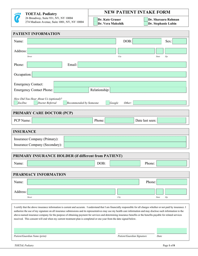 NEW PATIENT INTAKE FORM screenshot