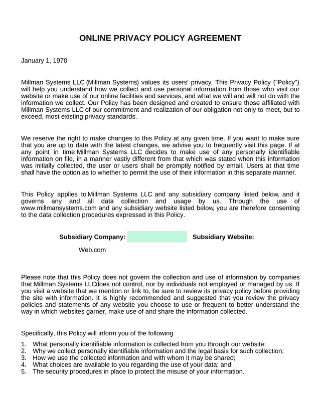 Online Privacy Policy Agreement screenshot