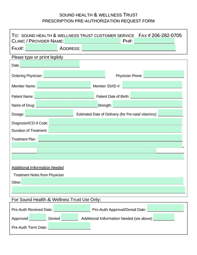 Prescription Pre Authorization Request Form screenshot