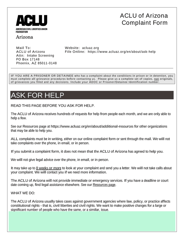 ACLU Of Arizona Complaint Form screenshot