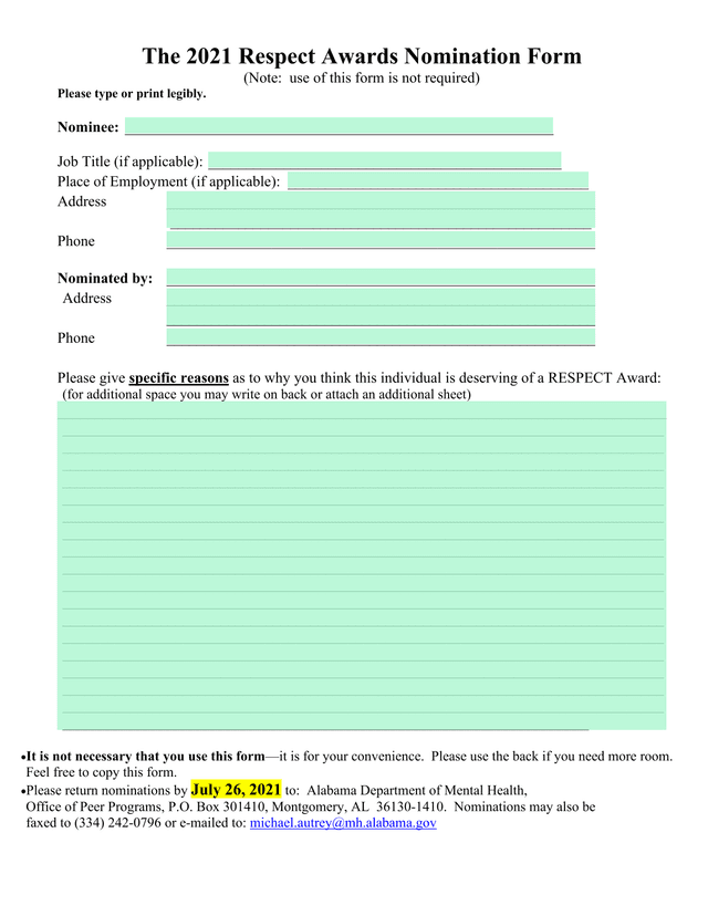 2021 Respect Awards Nomination Form screenshot