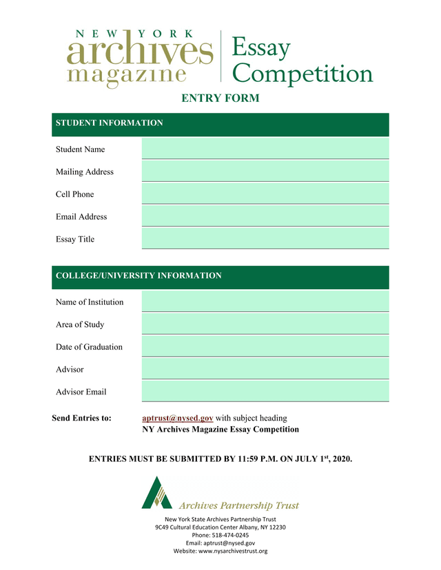 NY Archives Magazine Essay Competition Entry Form screenshot