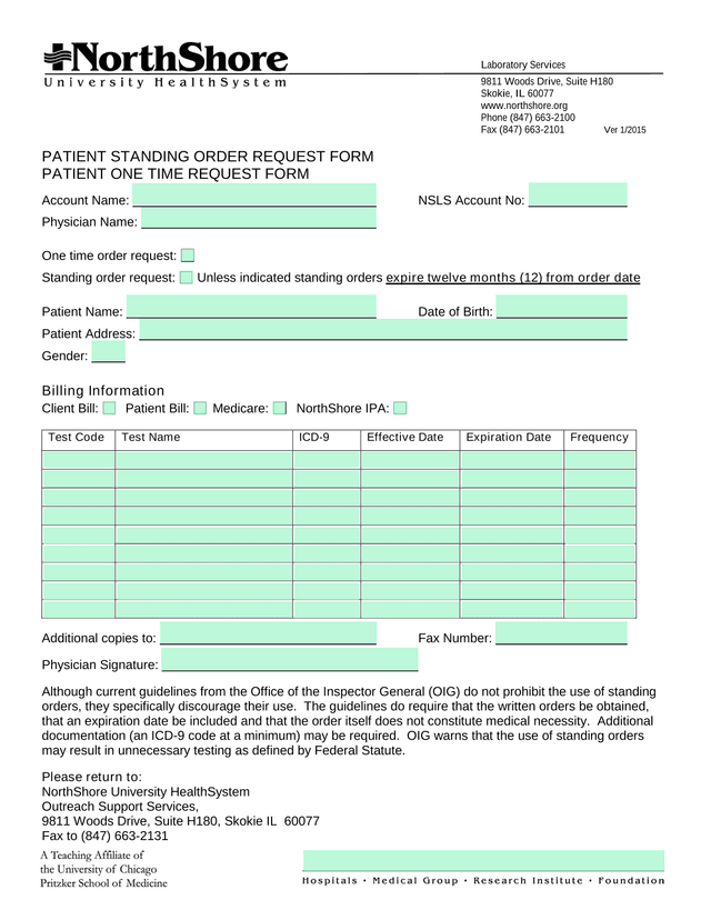 PATIENT STANDING ORDER REQUEST FORM screenshot