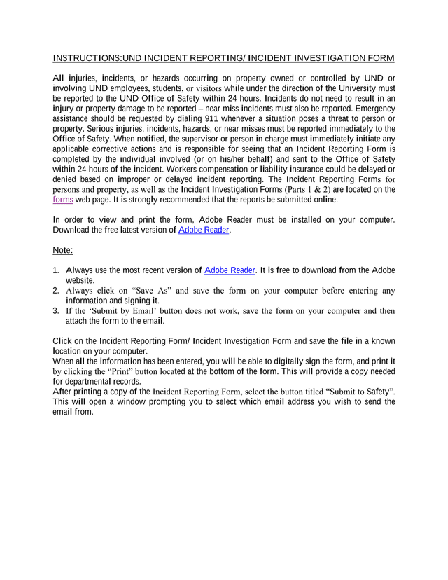 UND Incident ReportingIncident Investigation Form screenshot