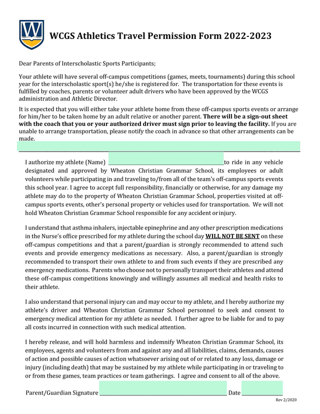 WCGS Athletics Travel Permission Form 2022 2023 screenshot