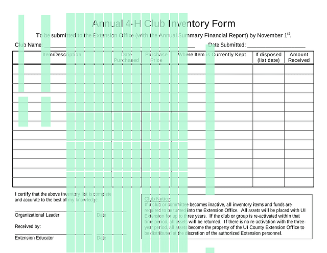 Annual 4 H Club Inventory Form screenshot