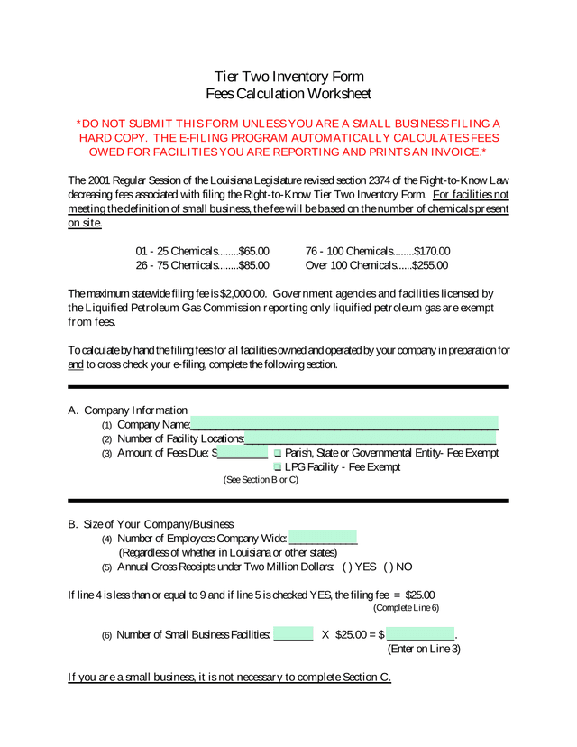 Tier Two Inventory Form Fees Calculation Worksheet screenshot