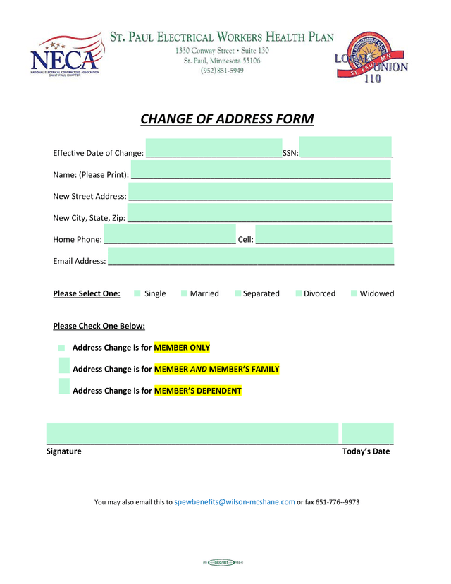 Change Of Address Form screenshot